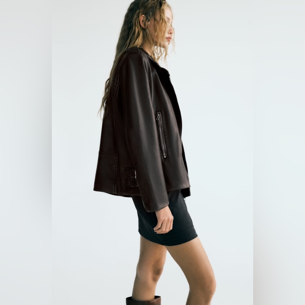 Zara FAUX LEATHER BIKER JACKET. Gray/Beige. Size XS. New with Tags. - Picture 6 of 12